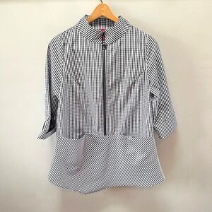 Black & White Gingham Zip-Up Blouse With 3/4 Sleeves By IC By Conni K Size S